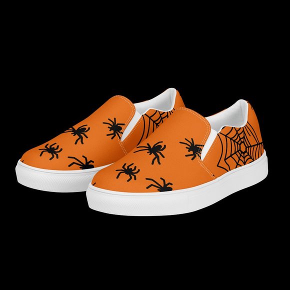 The Indiana Hillbillys Shoes - women's slip-on spider canvas shoes orange & black Halloween  fall spiderweb